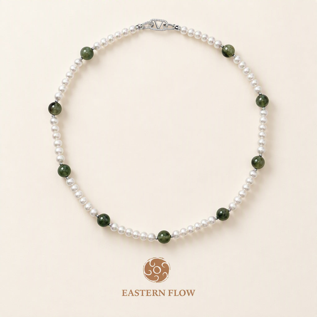 The Flow of Wood: Natural Freshwater Pearl & Green Rutilated Quartz  Necklace