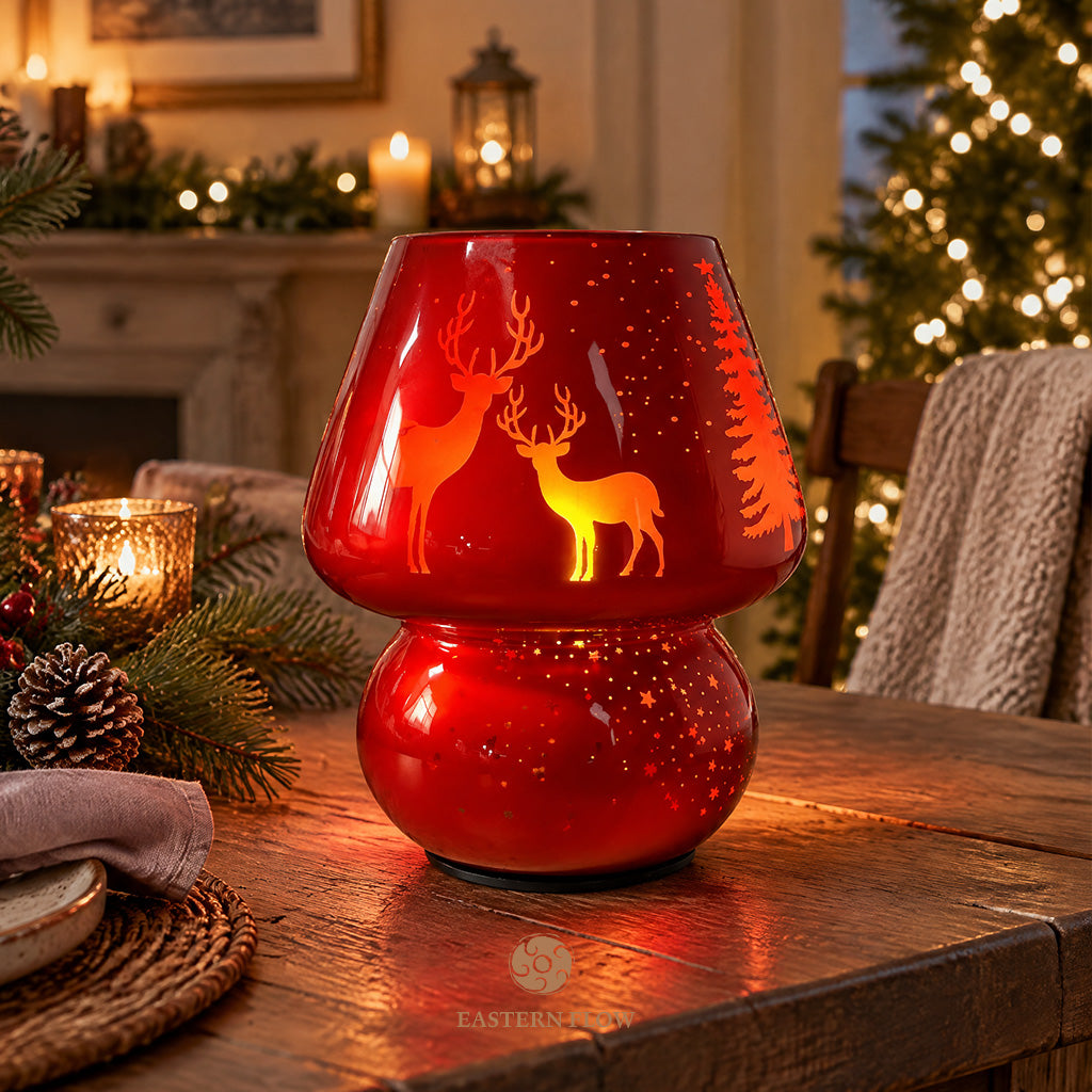 Energy Lamp: Christmas Reindeer Red Glass Mushroom Lamp