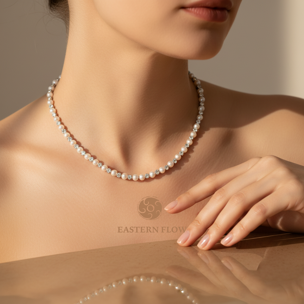 Freshwater pearl necklace neck shot, Metal Element energy for decisive executives - Eastern Flow