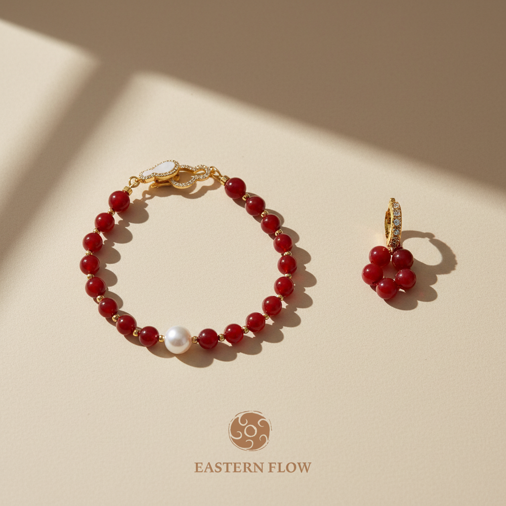 Freshwater pearl & red agate bracelet and earring set, Fire Element jewelry for passionate visionaries - Eastern Flow