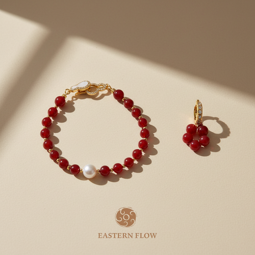 Freshwater pearl & red agate bracelet and earring set, Fire Element jewelry for passionate visionaries - Eastern Flow