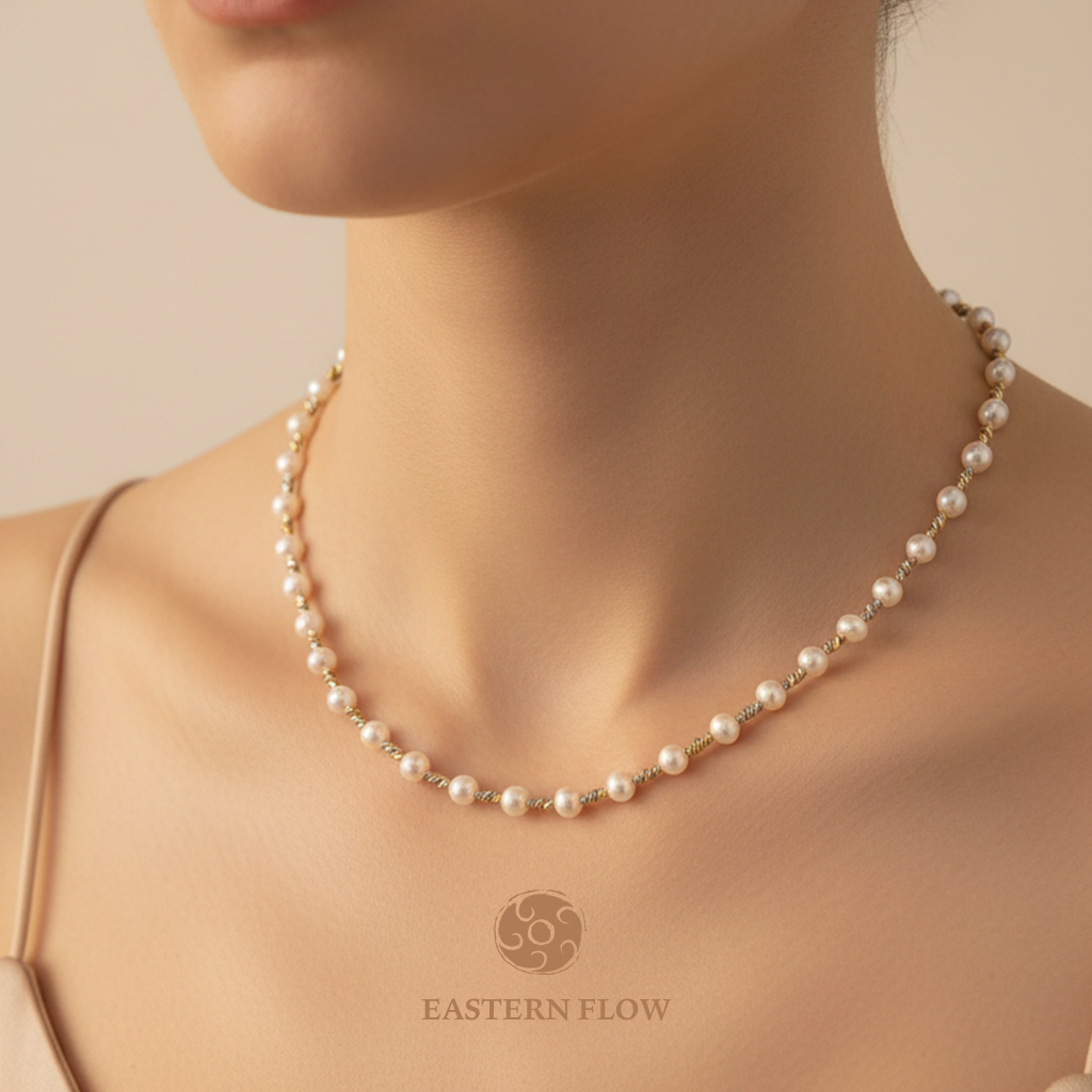Freshwater pearl spaced necklace neck shot, Metal Element energy for decisive executives - Eastern Flow