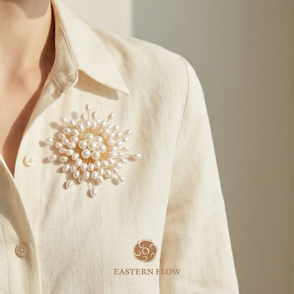 Handwoven pearl brooch wearing shot, Metal Element energy for decisive executives - Eastern Flow