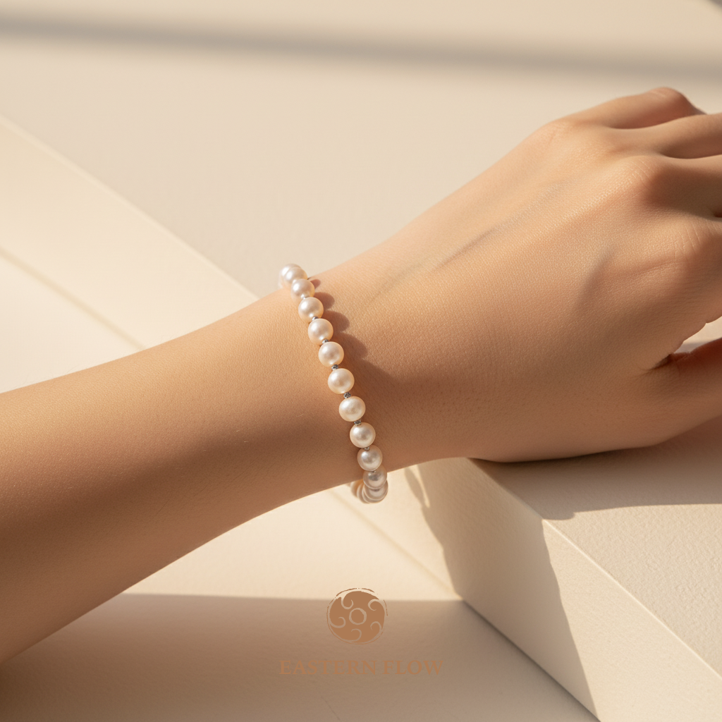 Freshwater pearl bracelet wrist shot, Metal Element energy for decisive executives - Eastern Flow