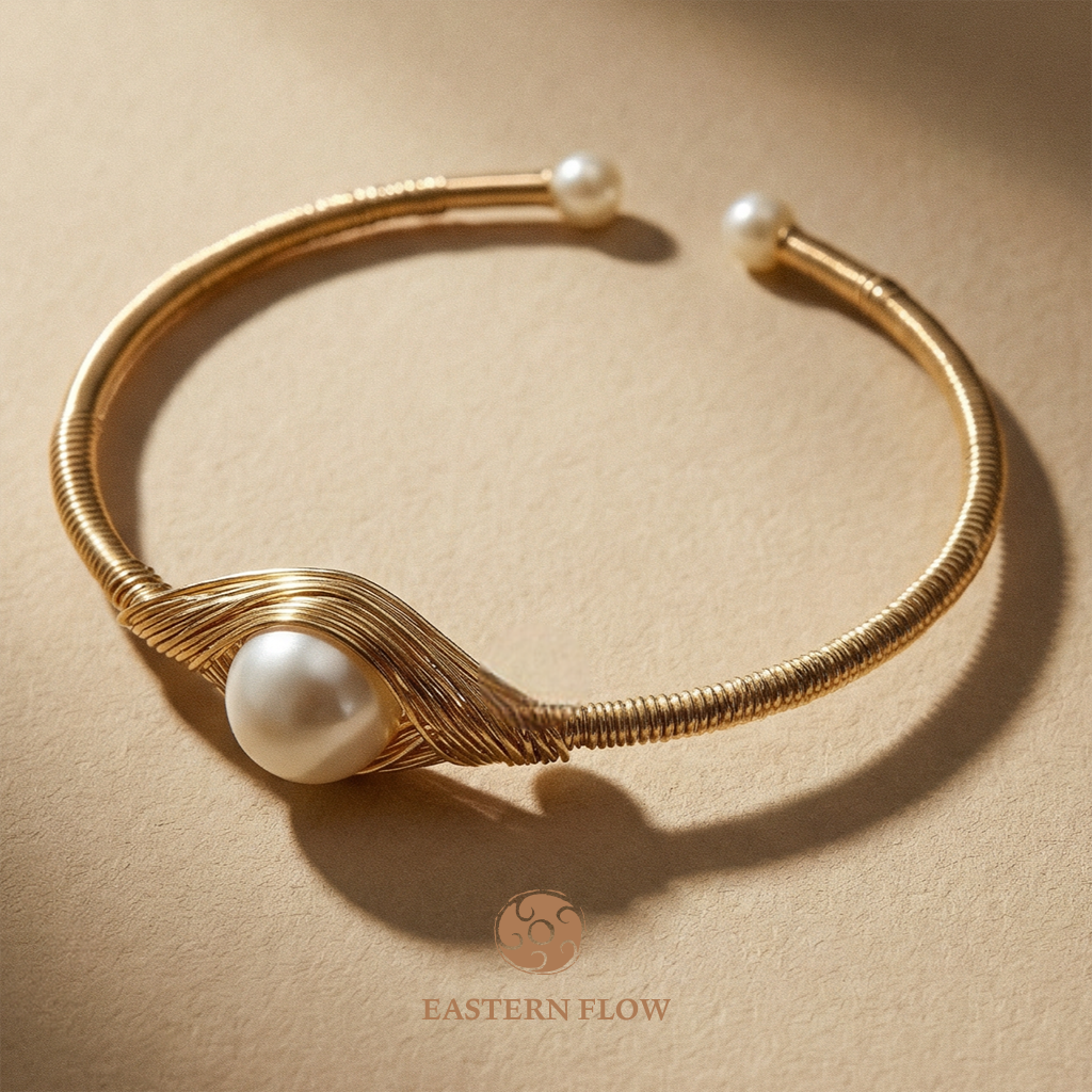 Pearl gold cuff bangle wrist shot, Metal Element energy for executive leaders - Eastern Flow