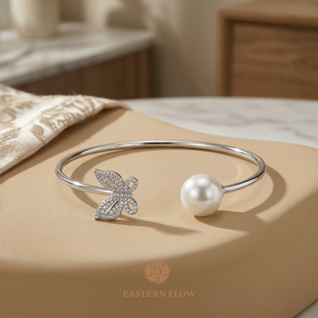 Natural freshwater pearl butterfly bangle, Metal Element jewelry for decisive executives - Eastern Flow