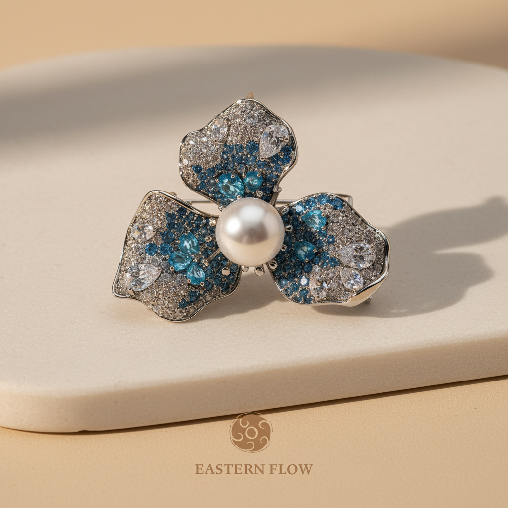 Natural freshwater pearl floral stamen brooch, Water Element jewelry for intuitive empaths - Eastern Flow