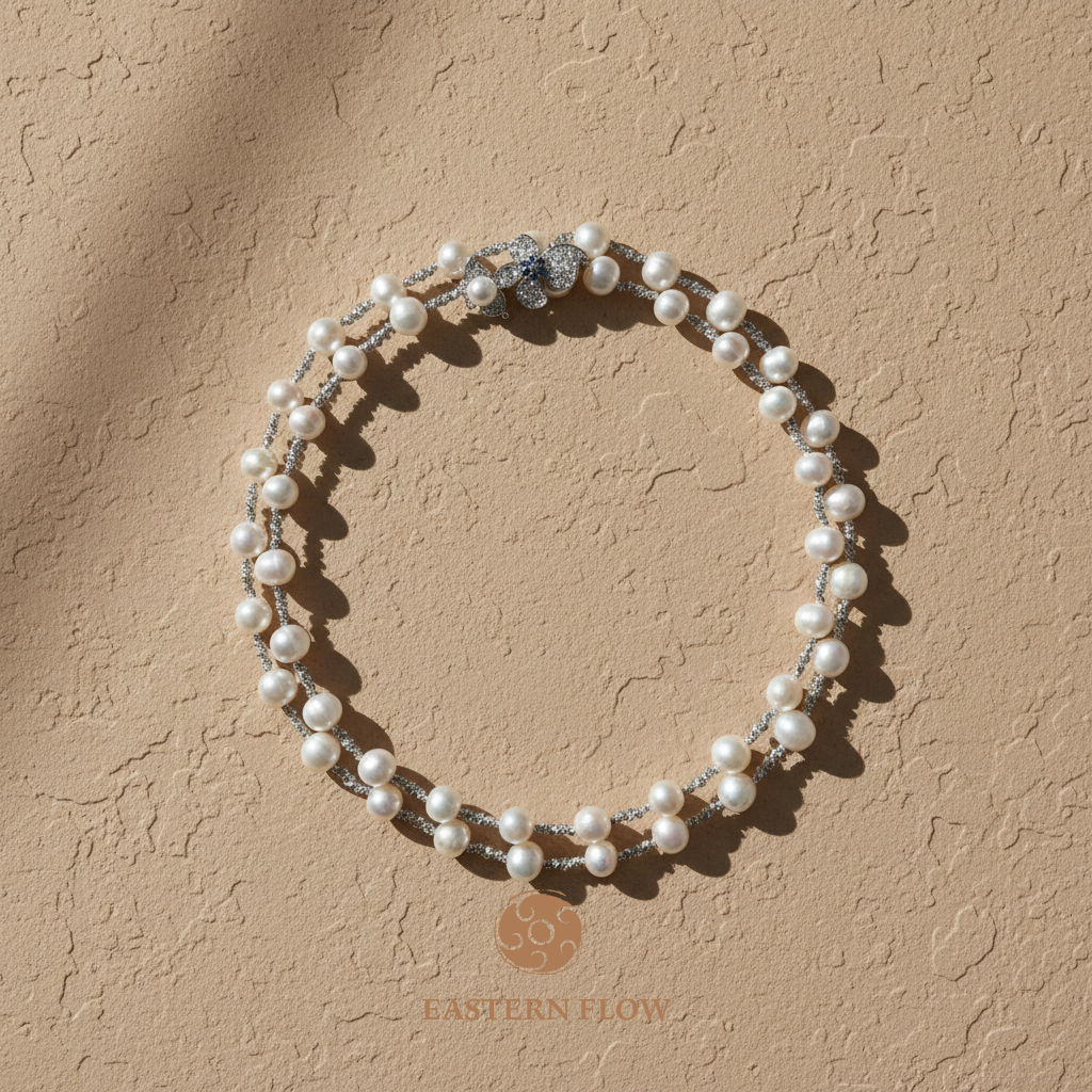 Natural freshwater pearl flower sweater chain, Water Element jewelry for intuitive empaths - Eastern Flow