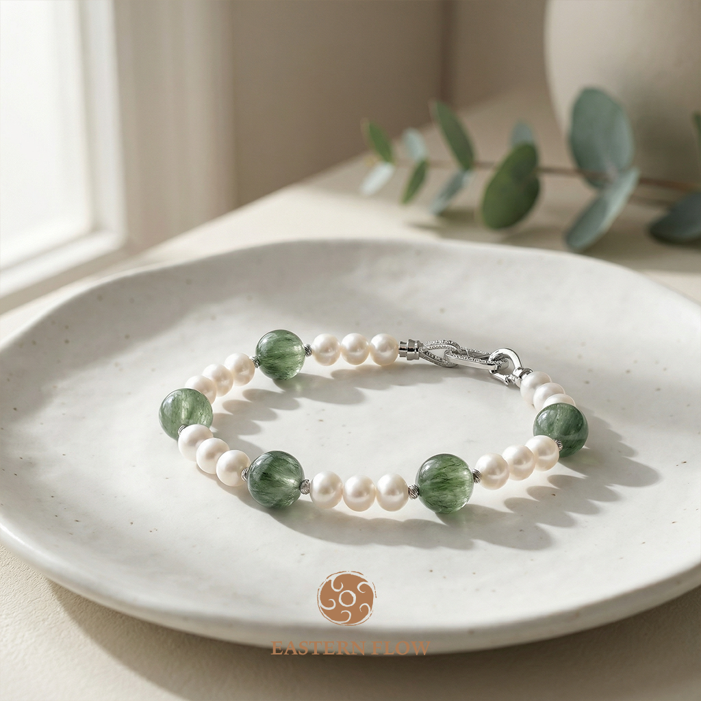 Natural freshwater pearl & green rutilated quartz bracelet, Wood Element jewelry for creative visionaries - Eastern Flow