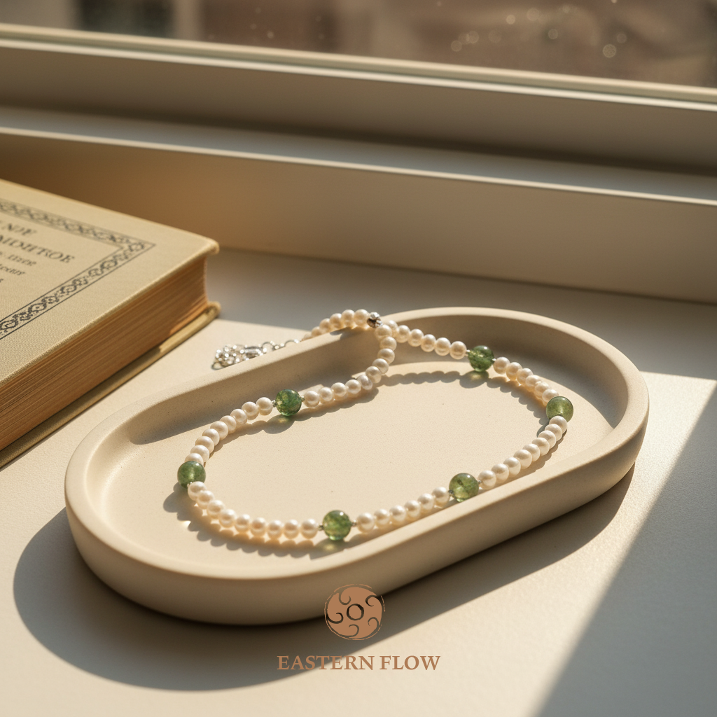 Natural freshwater pearl & green rutilated quartz necklace, Wood Element jewelry for creative visionaries - Eastern Flow