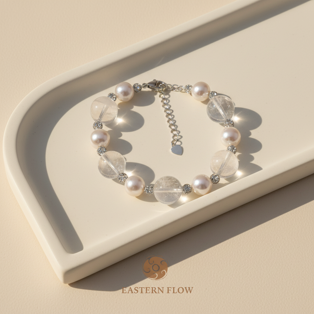 Natural freshwater pearl & snow phantom quartz bracelet, Metal Element jewelry for decisive executives - Eastern Flow