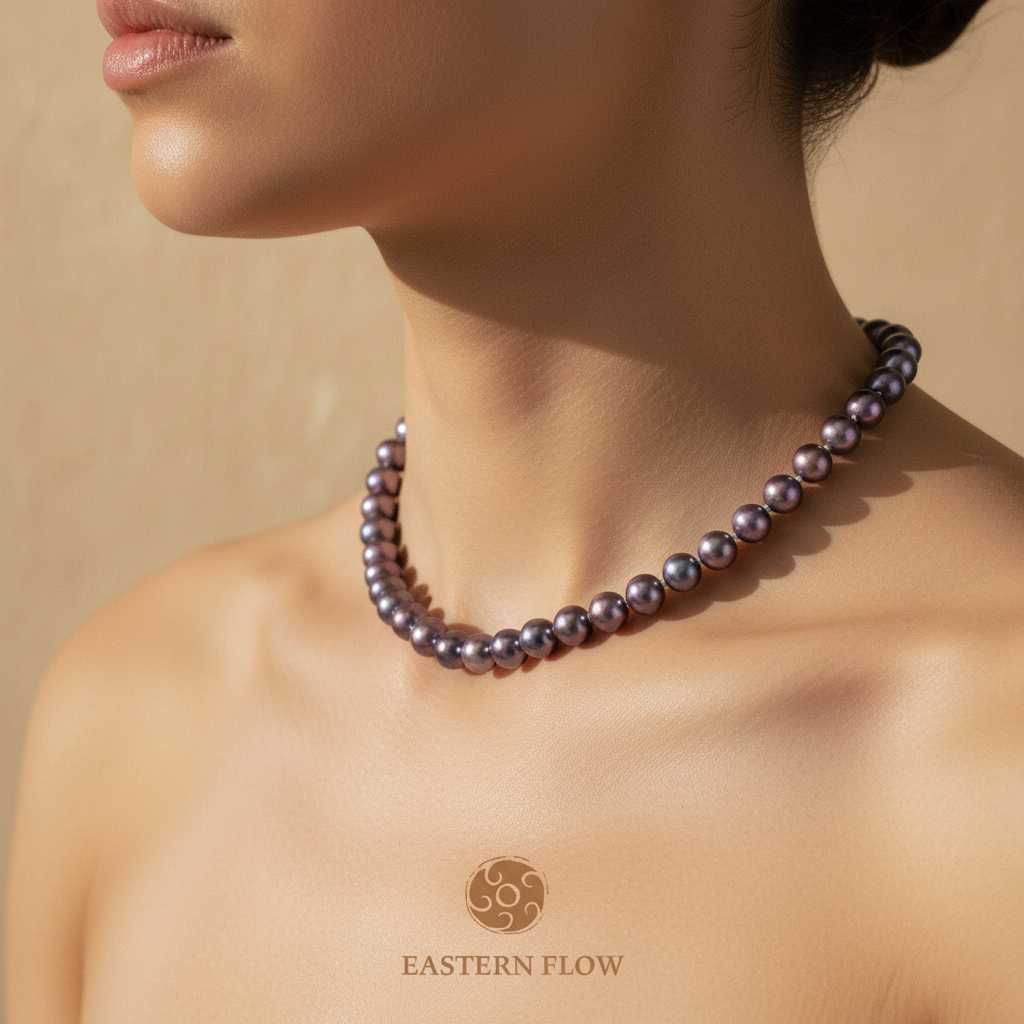 Purple Edison pearl necklace neck shot, Fire Element energy for charismatic pioneers - Eastern Flow