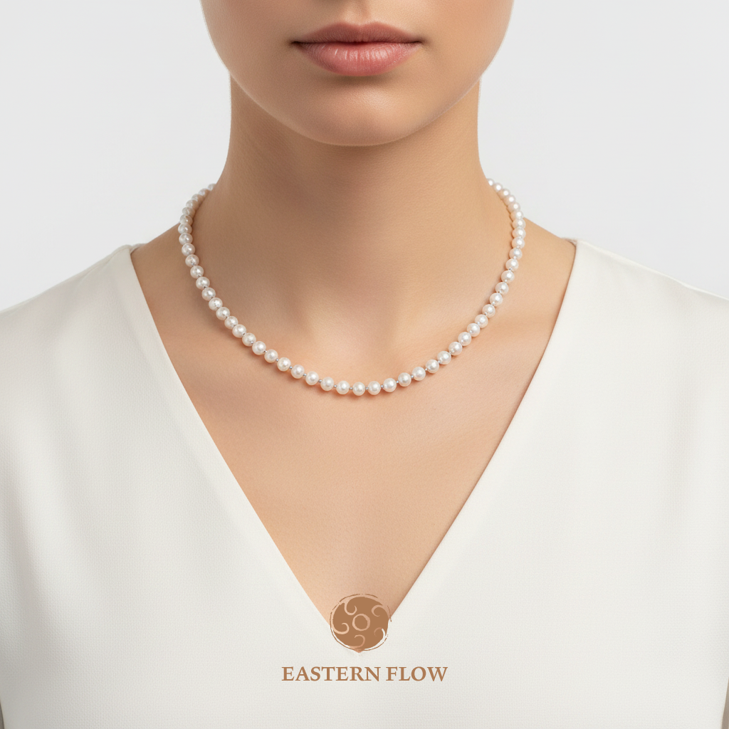 Pearl bow necklace neck shot, Metal Element energy for decisive executives - Eastern Flow