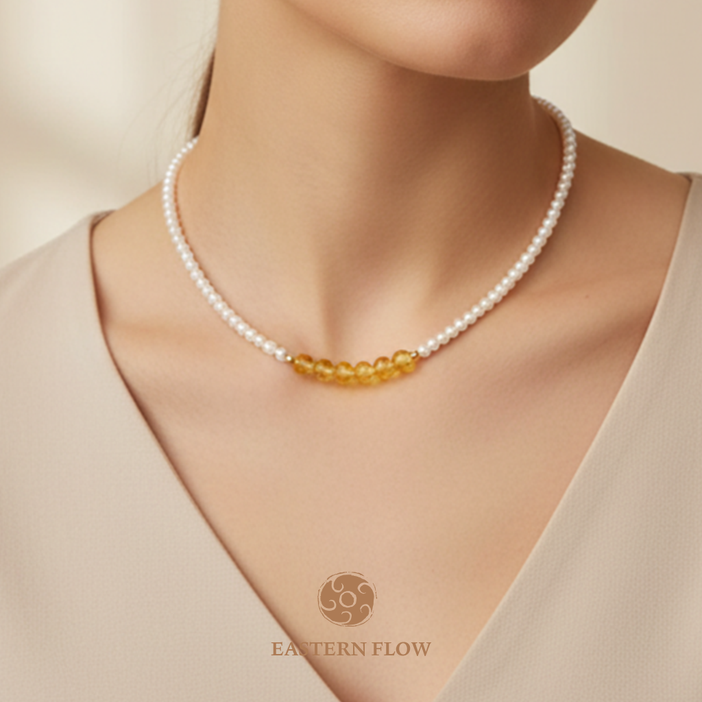 Pearl & citrine necklace neck shot, Earth Element energy for steady coordinators - Eastern Flow