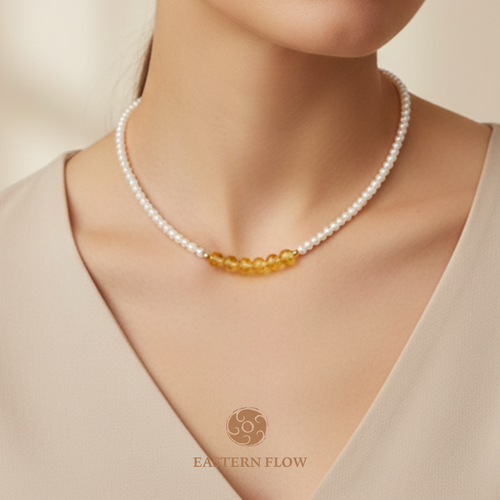 Pearl & citrine necklace neck shot, Earth Element energy for steady coordinators - Eastern Flow
