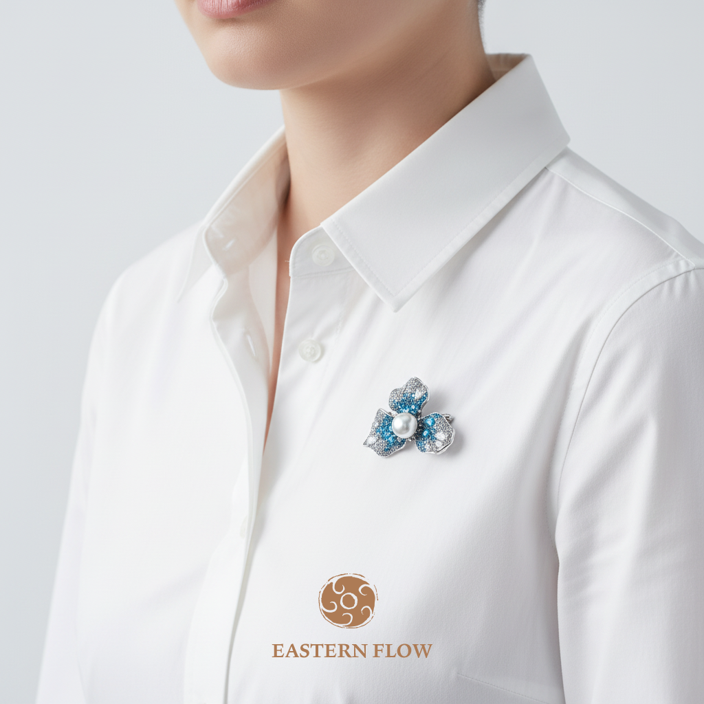 Pearl floral stamen brooch wearing shot, Water Element energy for intuitive empaths - Eastern Flow
