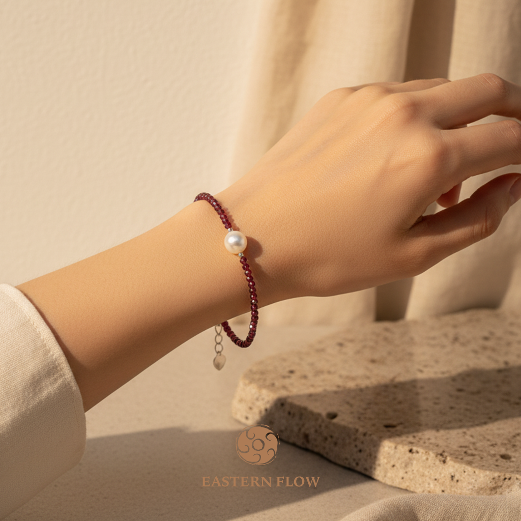 Pearl & garnet bracelet wrist shot, Water Element energy for intuitive empaths - Eastern Flow