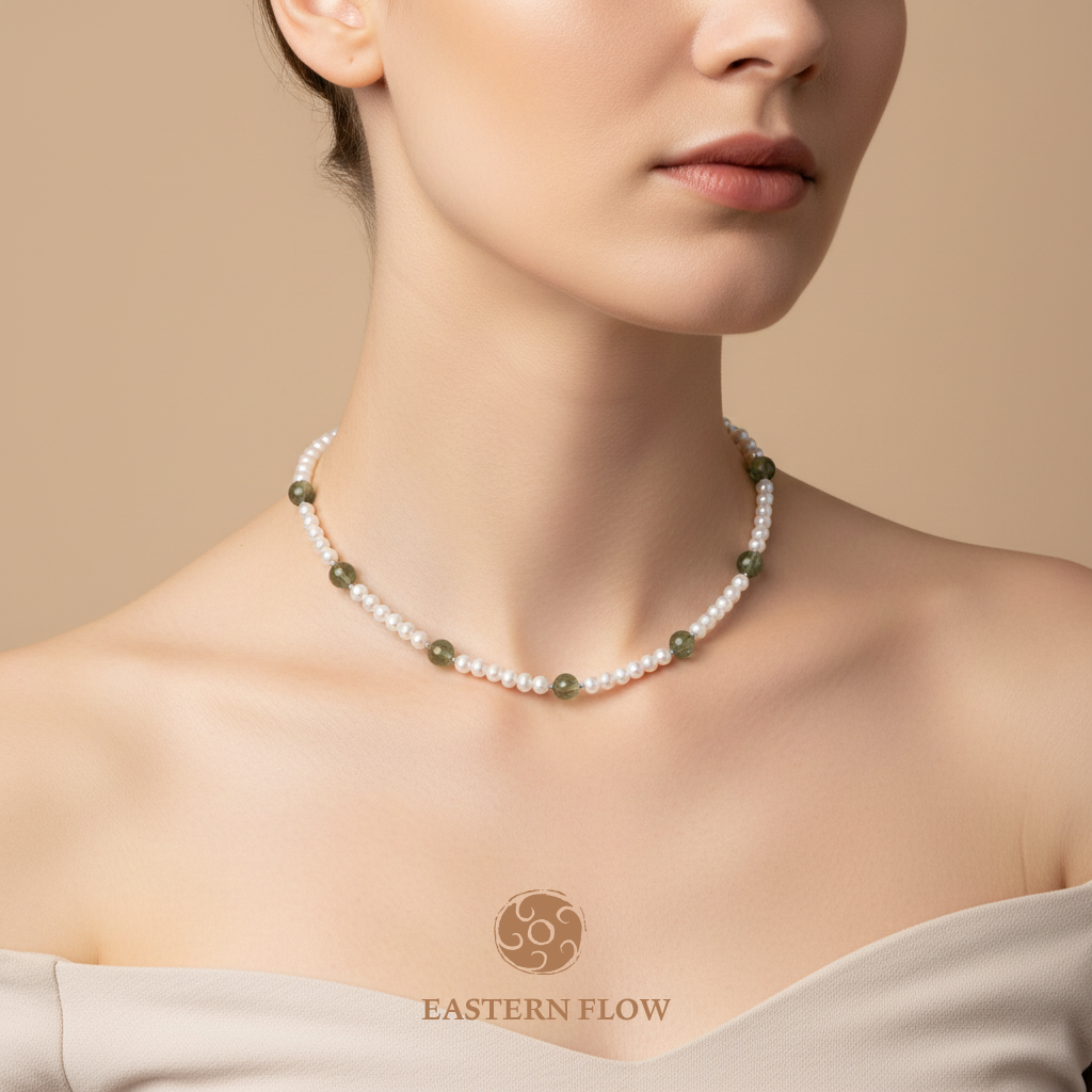 Pearl & green rutilated quartz necklace neck shot, Wood Element energy for creative visionaries - Eastern Flow