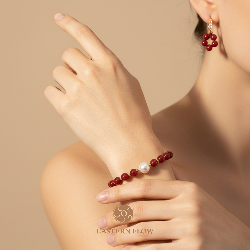 Pearl & red agate jewelry set wearing shot, Fire Element energy for passionate visionaries - Eastern Flow