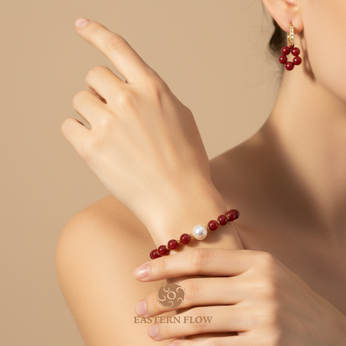 Pearl & red agate jewelry set wearing shot, Fire Element energy for passionate visionaries - Eastern Flow