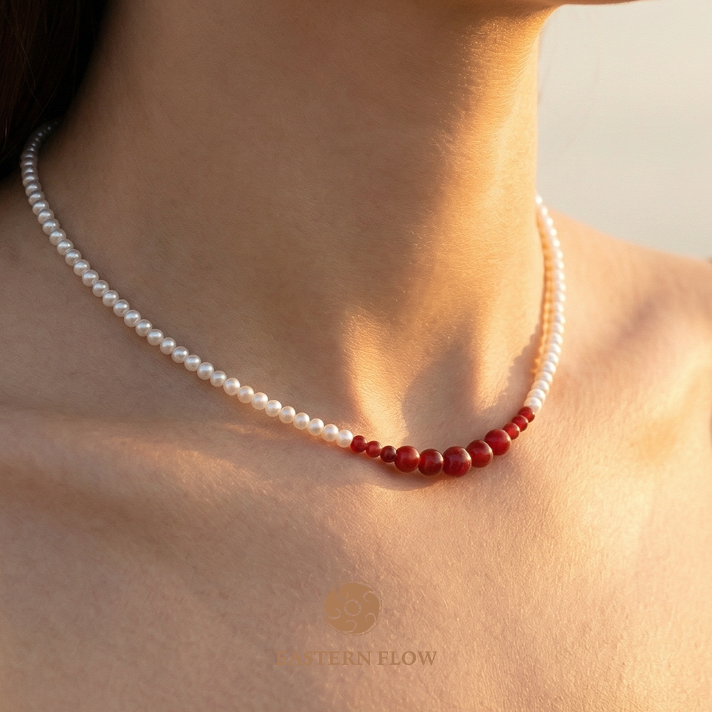 Pearl & red agate necklace neck shot, Fire Element energy for passionate visionaries - Eastern Flow