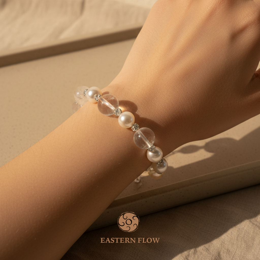 Pearl & snow phantom quartz bracelet wrist shot, Metal Element energy for decisive executives - Eastern Flow