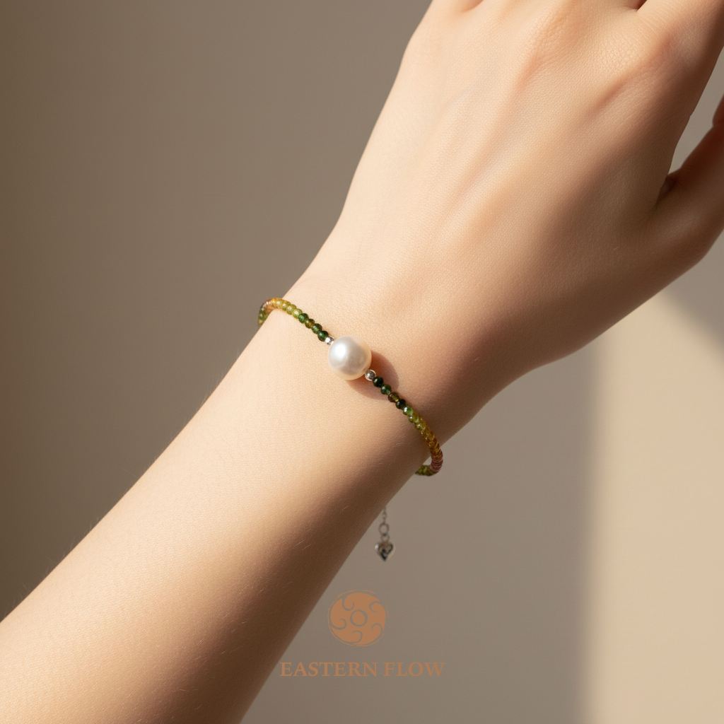 Pearl & tourmaline bracelet wrist shot, Wood Element energy for creative visionaries - Eastern Flow