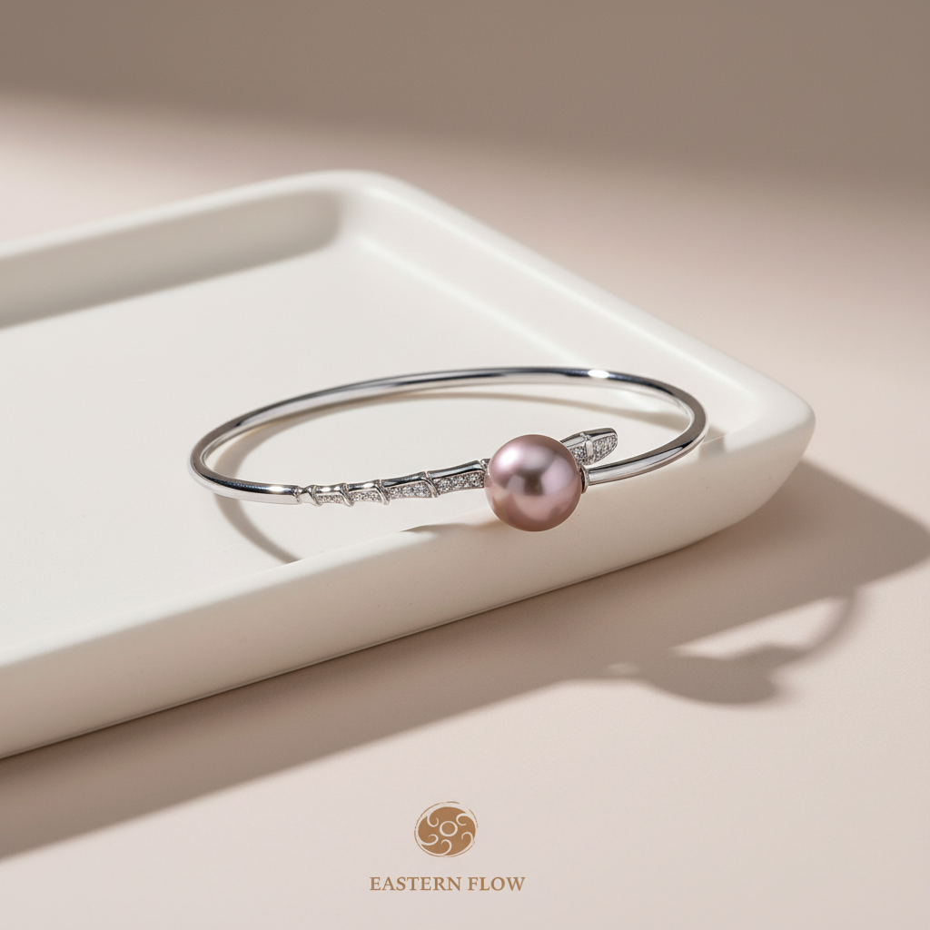 S925 silver Edison pearl bangle with zircon accents, Fire Element jewelry for passionate visionaries - Eastern Flow