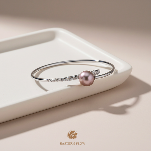 S925 silver Edison pearl bangle with zircon accents, Fire Element jewelry for passionate visionaries - Eastern Flow