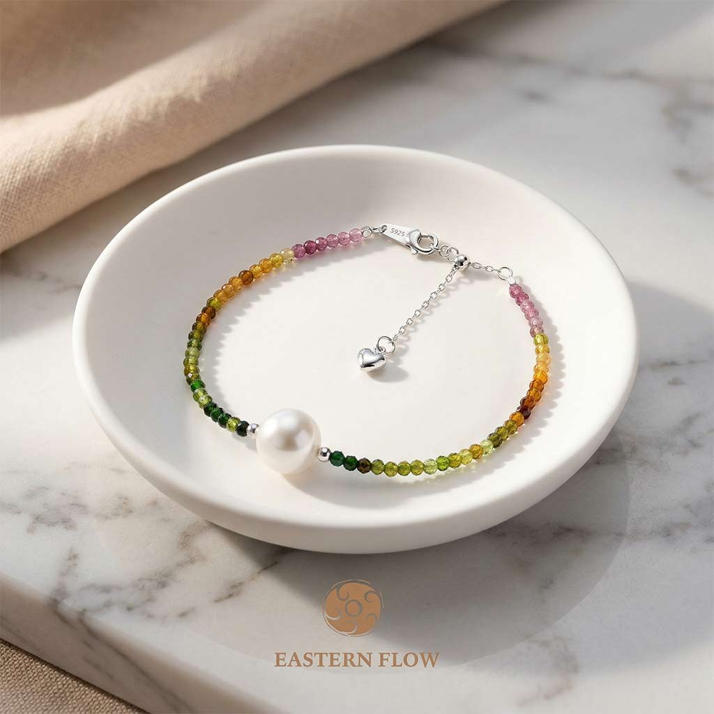S925 silver freshwater pearl & tourmaline bracelet, Wood Element jewelry for creative visionaries - Eastern Flow