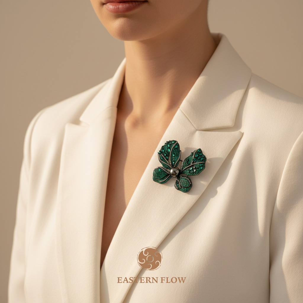 Tahitian pearl butterfly brooch wearing shot, Wood Element energy for creative visionaries - Eastern Flow