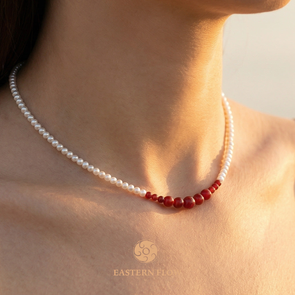 The Flow of Fire: Natural Freshwater Pearl & Red Agate Necklace