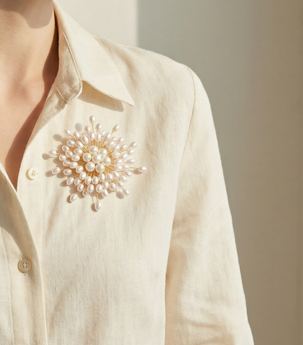 The Flow of Metal: Handwoven Alloy & Freshwater Pearl Brooch