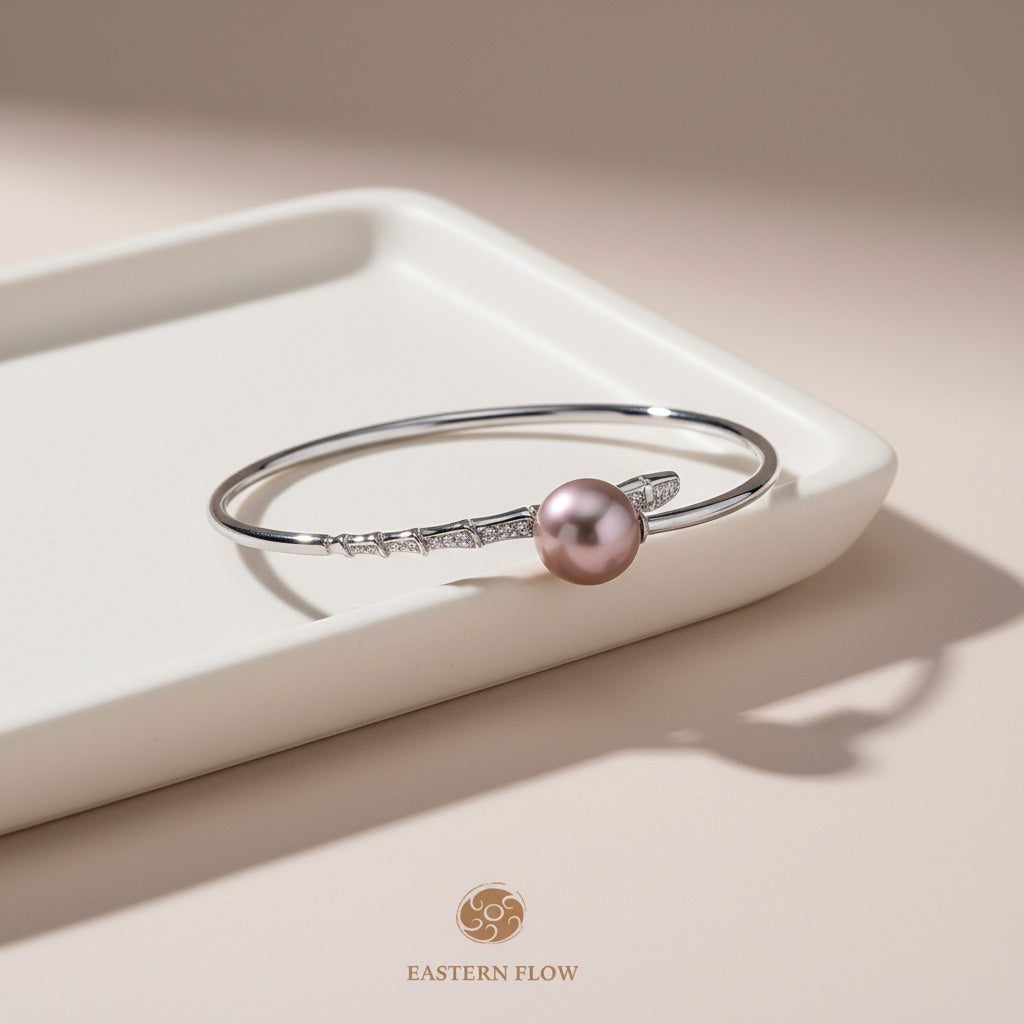 The Flow of Fire: Natural Purple Freshwater Pearl Open Bangle