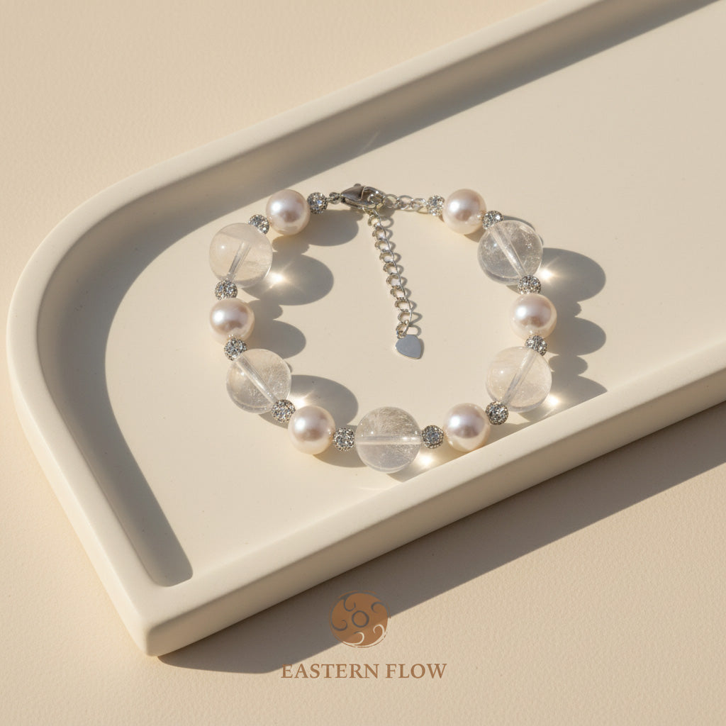 The Flow of Metal: Natural Round Freshwater Pearl & White Quartz Bracelet
