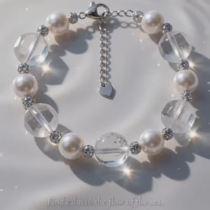 The Flow of Metal: Natural Round Freshwater Pearl & White Quartz Bracelet