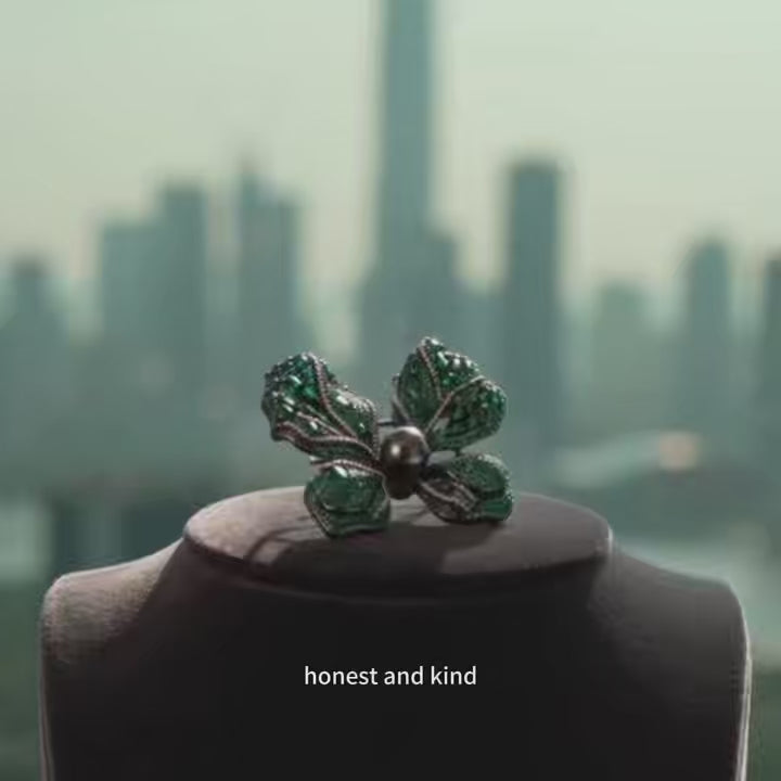 The Flow of Wood: Emerald Green & Tahitian Black Pearl Butterfly Brooch